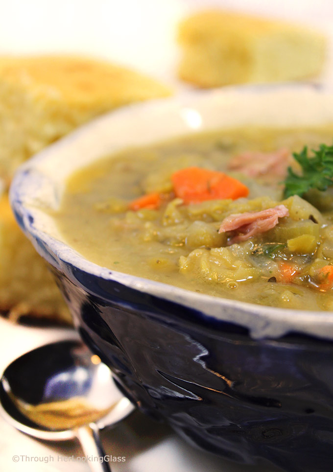 Hearty Split Pea and Ham Soup is the perfect steaming bowlful on a chilly winter day. Sautéed carrots, onions and celery simmer with split peas, ham and flavorful spices for a hearty and nutritious soup that hits the spot.